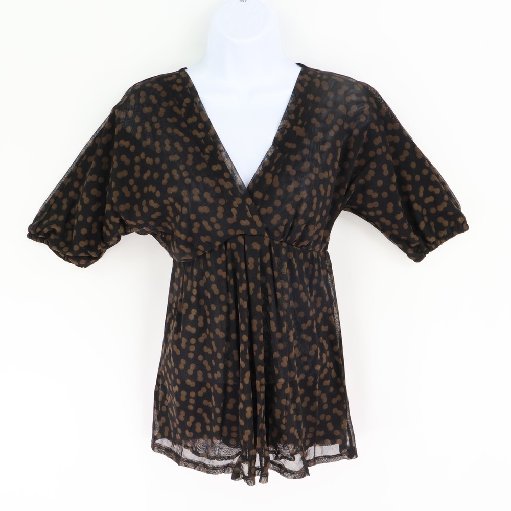 New York & Company Blouse Womens S Black Brown Polka Dots Lined Stretch‎ V-Neck